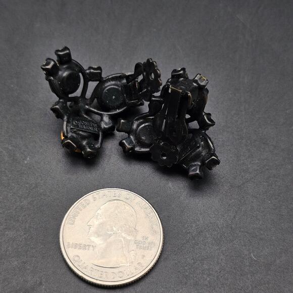 Vintage Joseph Warner Clip On Earrings Rhinestone Orange Champagne Japaned Black - Picture 3 of 8